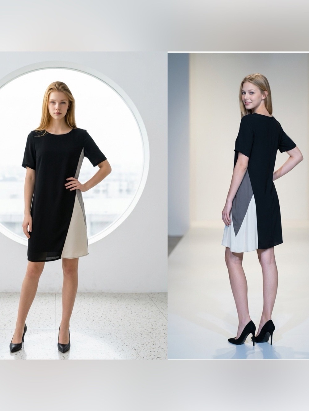 EILEEN FISHER 100% Silk Colorblock Shift Dress Black Gray Cream S/P + Free Gift
